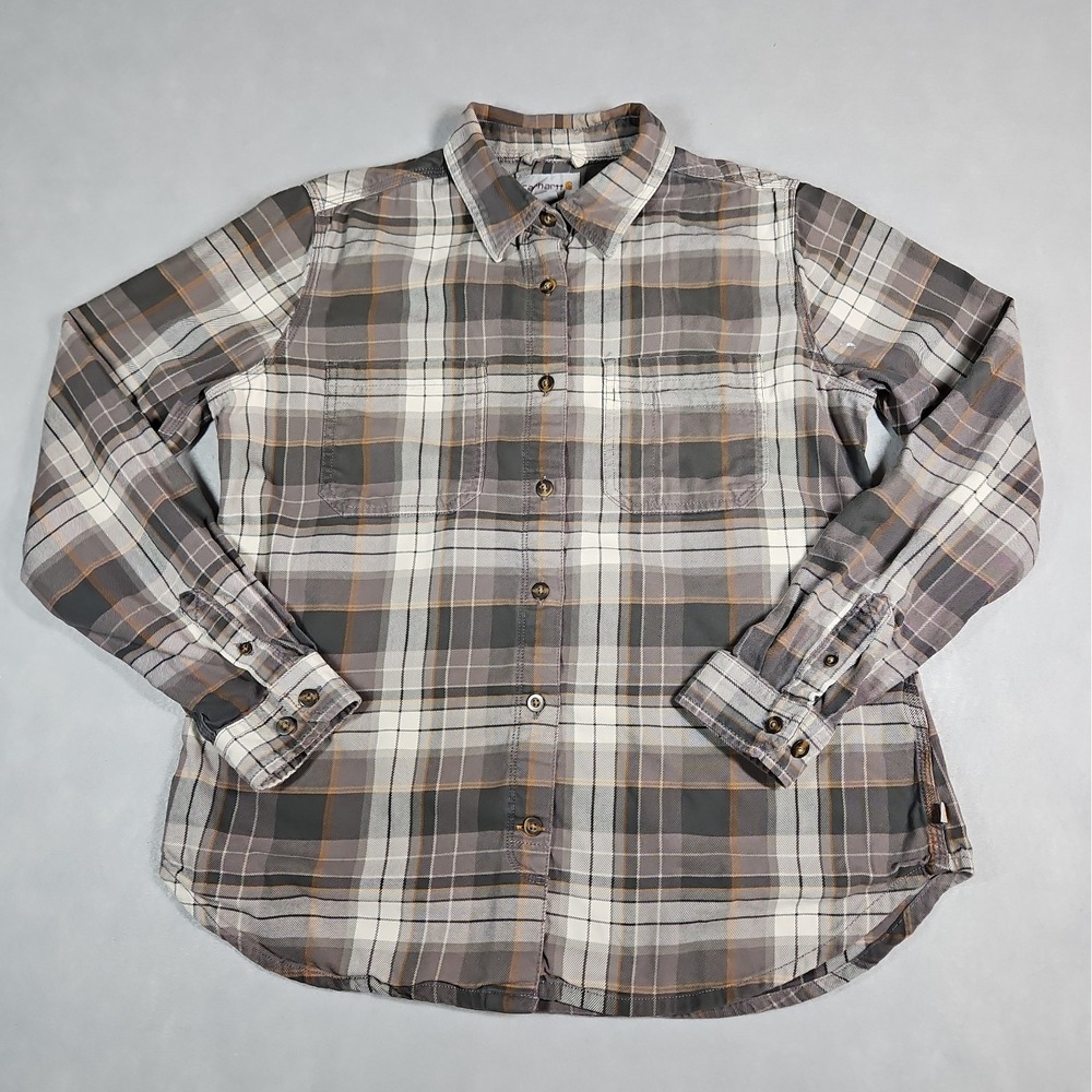 Carhartt Womens Brown Plaid Button Up Long Sleeve Flannel Shirt Size Medium